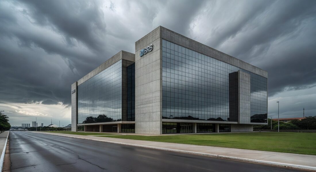 Edifício da Câmara Legislativa do DF em Brasília, sob céu nublado, representando escrutínio sobre o BRB.