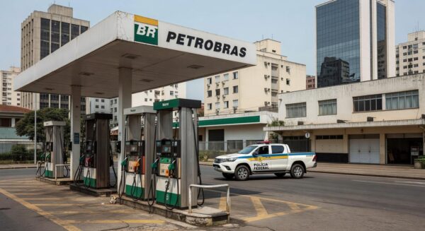 Posto de gasolina no Brasil com viatura da Polícia Federal, representando investigação sobre preços abusivos de combustíveis.