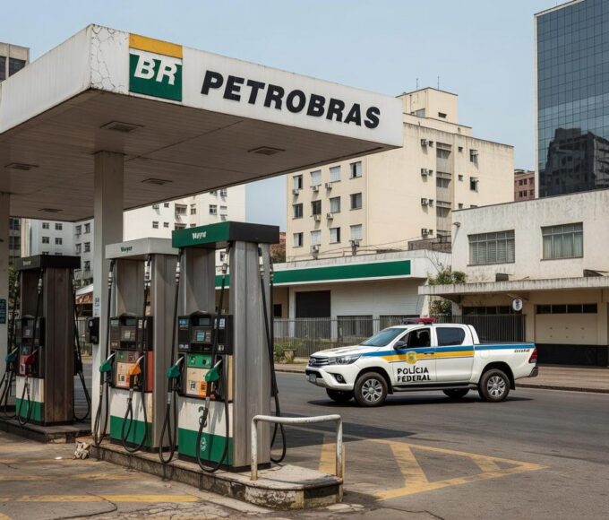 Posto de gasolina no Brasil com viatura da Polícia Federal, representando investigação sobre preços abusivos de combustíveis.