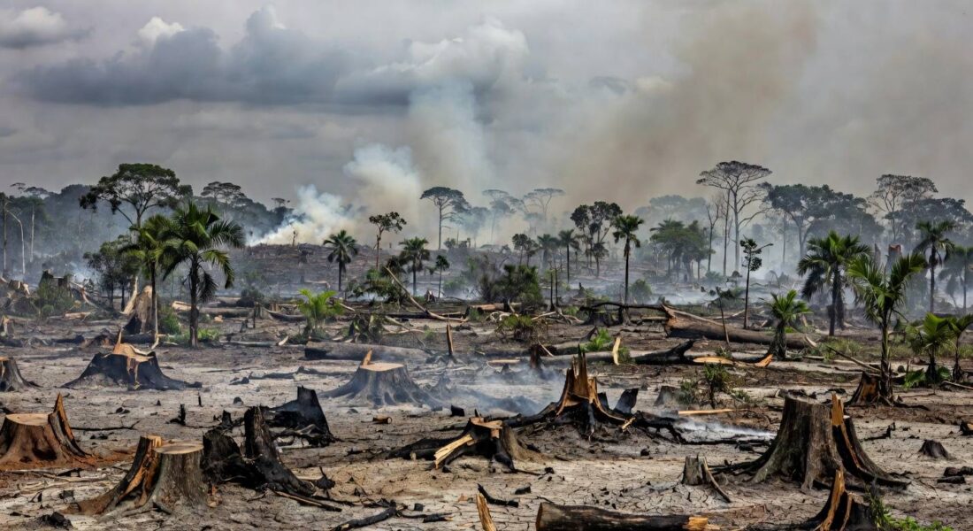 Paisagem degradada no Cerrado do DF, com solo seco e árvores queimadas, ao fundo edifícios de Brasília, ilustrando crise ecológica.
