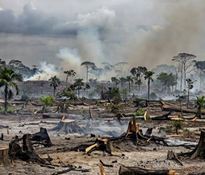 Paisagem degradada no Cerrado do DF, com solo seco e árvores queimadas, ao fundo edifícios de Brasília, ilustrando crise ecológica.