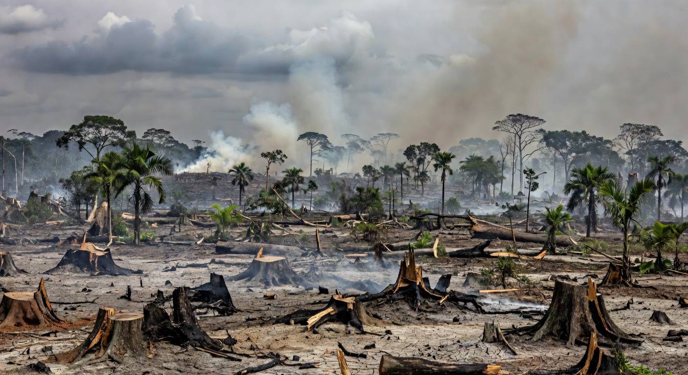 Paisagem degradada no Cerrado do DF, com solo seco e árvores queimadas, ao fundo edifícios de Brasília, ilustrando crise ecológica.