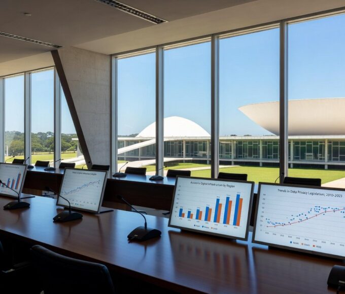 Sala de conferências em Brasília com elementos digitais para seminário sobre desafios do ECA Digital.