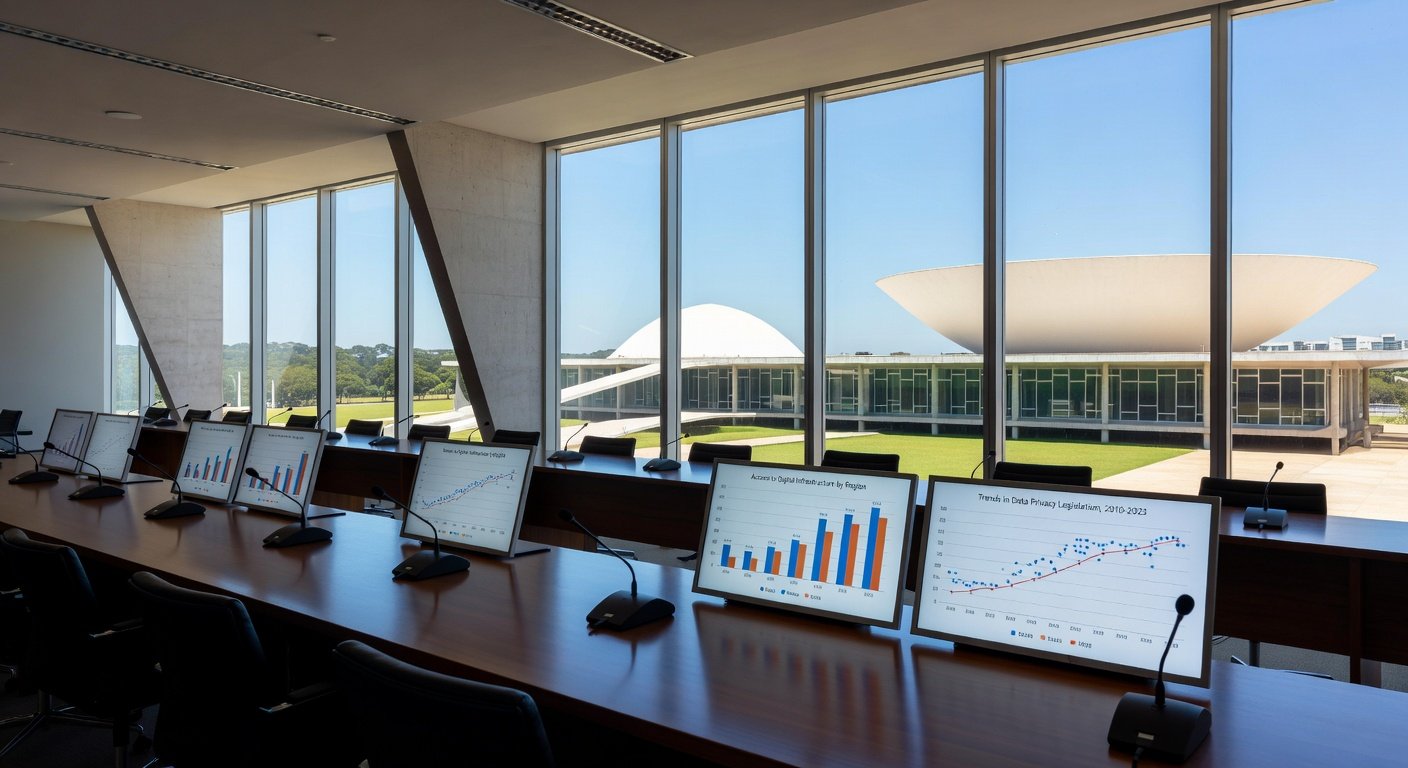 Sala de conferências em Brasília com elementos digitais para seminário sobre desafios do ECA Digital.