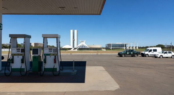 Posto de gasolina em Brasília com preços altos de combustíveis e veículos de fiscalização, representando operação contra abusos no DF.