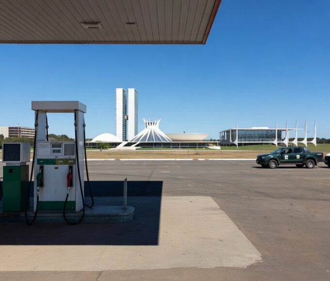 Posto de gasolina em Brasília com preços altos de combustíveis e veículos de fiscalização, representando operação contra abusos no DF.