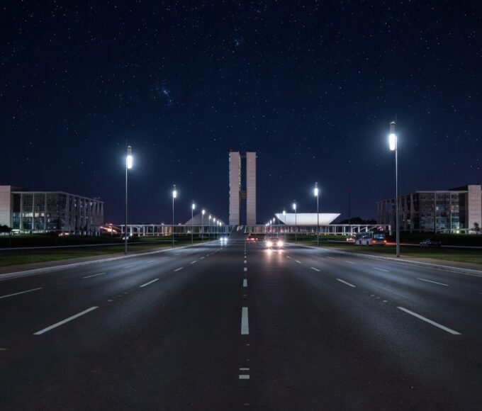 Avenida em Brasília iluminada por lâmpadas LED modernas, representando a modernização da iluminação pública no Distrito Federal.