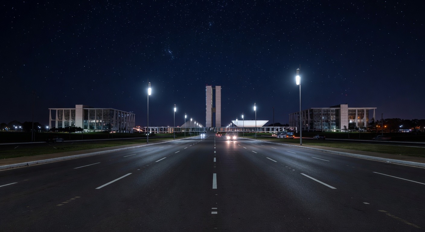 Avenida em Brasília iluminada por lâmpadas LED modernas, representando a modernização da iluminação pública no Distrito Federal.