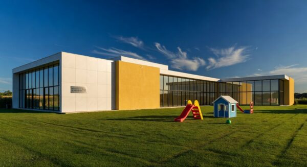 Berçário do Buriti reformado e reinaugurado após quatro anos no Distrito Federal, com fachada moderna em Brasília.