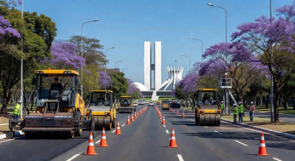 Manutenção urbana em avenida de Brasília, com equipamentos de pavimentação e sinalização no Distrito Federal.