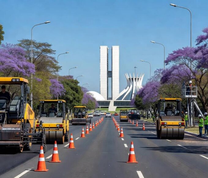 Manutenção urbana em avenida de Brasília, com equipamentos de pavimentação e sinalização no Distrito Federal.
