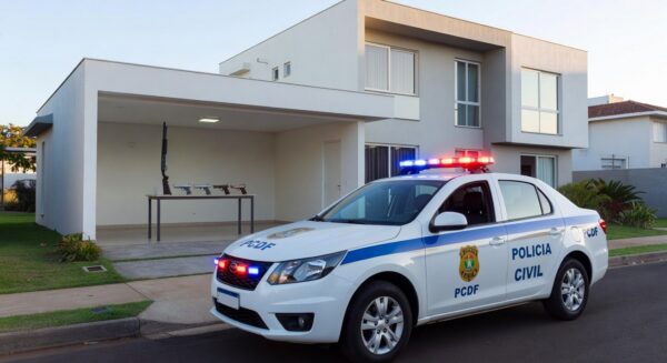 Viatura da polícia em frente a residência em Brasília, com armas apreendidas por violência doméstica e posse irregular.