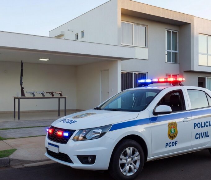 Viatura da polícia em frente a residência em Brasília, com armas apreendidas por violência doméstica e posse irregular.