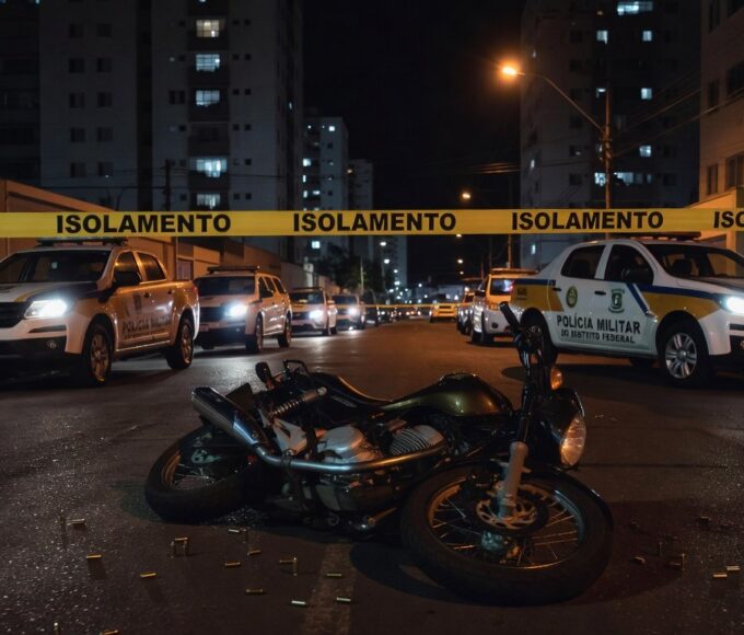Cena de crime em rua de Taguatinga com fita de isolamento, motocicleta caída e viaturas da Polícia Militar após ataque a tiros.