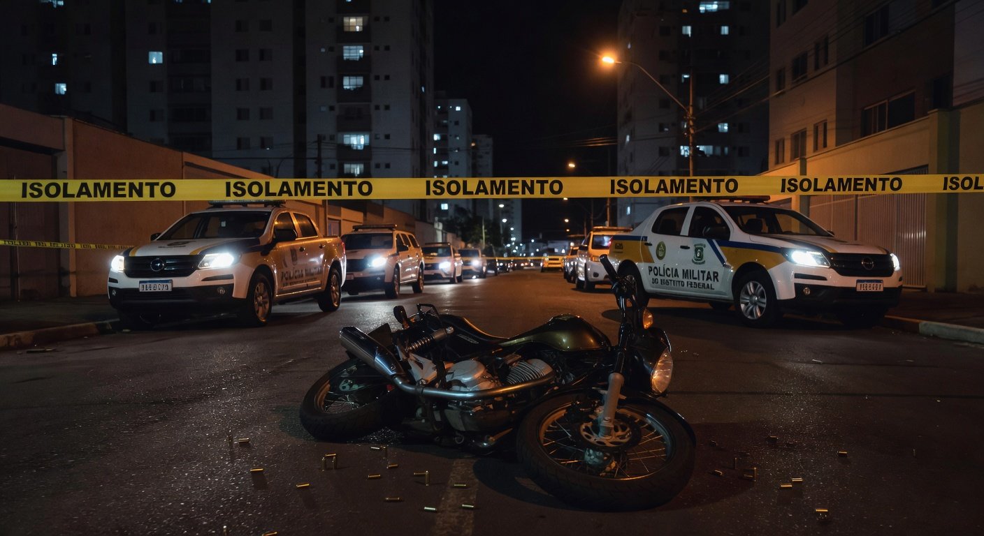 Cena de crime em rua de Taguatinga com fita de isolamento, motocicleta caída e viaturas da Polícia Militar após ataque a tiros.