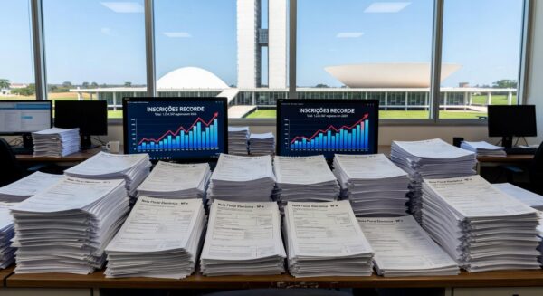 Vista da Esplanada dos Ministérios em Brasília com elementos de sorteio do Nota Legal, sem pessoas.