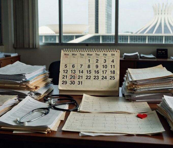 Hospital em Brasília com equipamentos para exames cardíacos, destacando demora em atendimentos para bebês com Síndrome de Down.