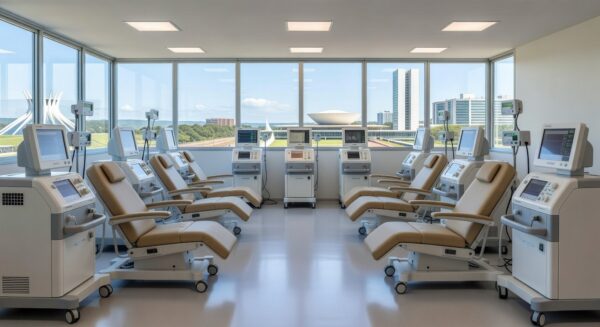 Sala de hemodiálise em hospital de Brasília com equipamentos médicos, representando expansão da rede pelo GDF.