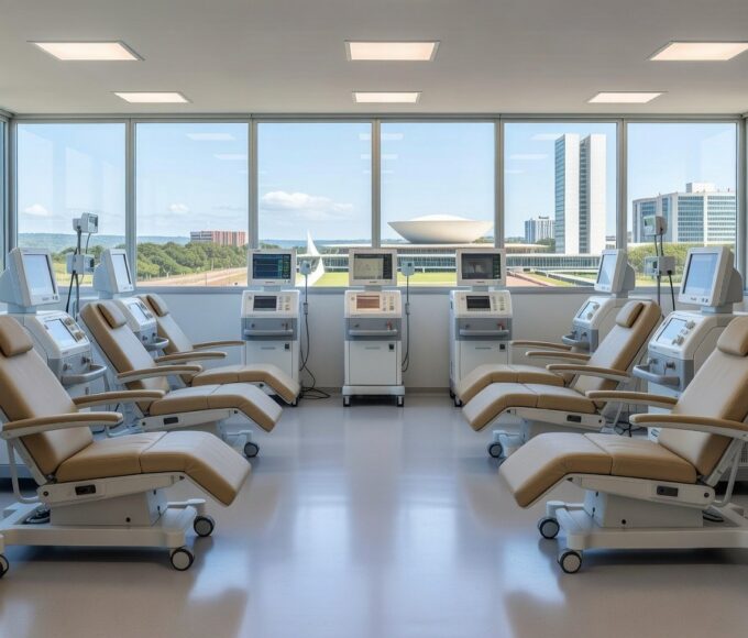 Sala de hemodiálise em hospital de Brasília com equipamentos médicos, representando expansão da rede pelo GDF.