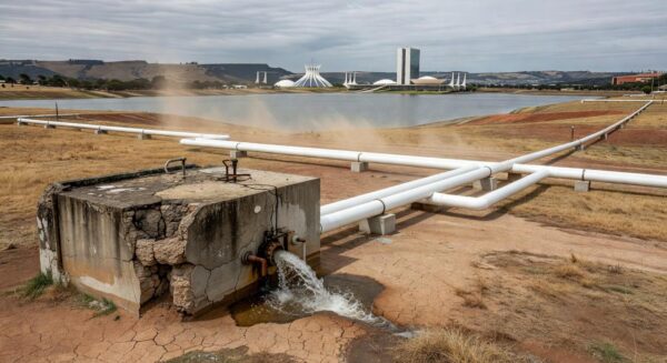Obra milionária no Lago Sul de Brasília contrastando com tubulações de água deterioradas, destacando negligência no abastecimento.