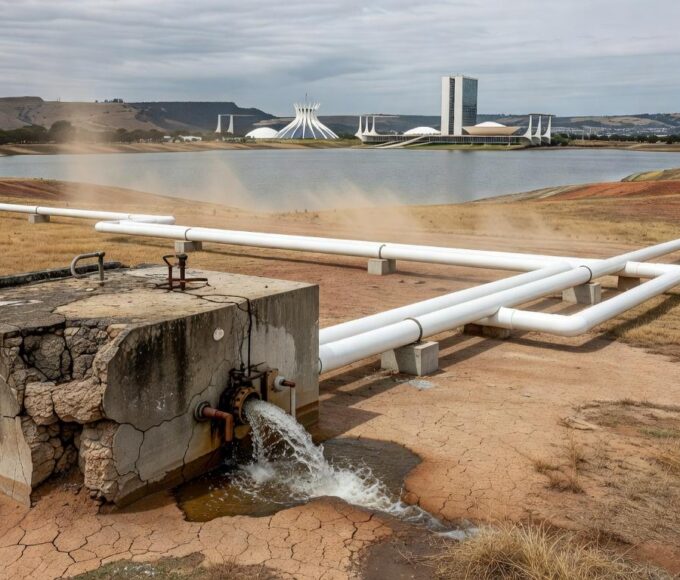 Obra milionária no Lago Sul de Brasília contrastando com tubulações de água deterioradas, destacando negligência no abastecimento.
