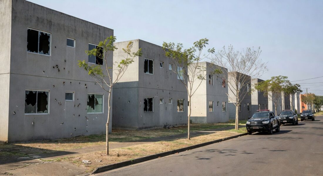 Rua em Samambaia com vidros quebrados e viaturas policiais após tiroteio.