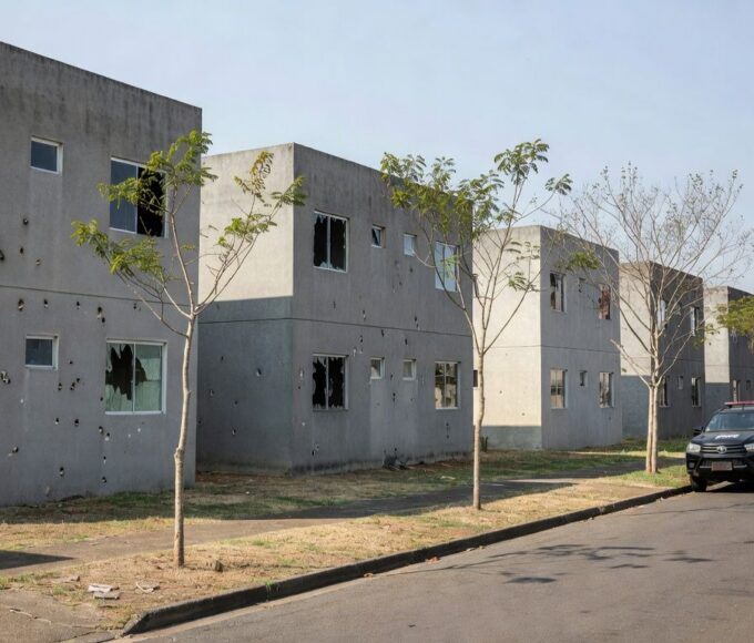 Rua em Samambaia com vidros quebrados e viaturas policiais após tiroteio.
