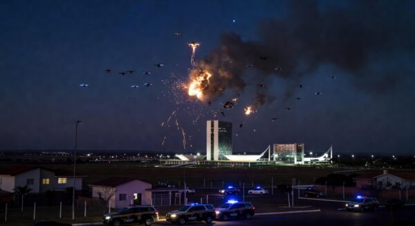 Drones derrubados sobre residência em Brasília com viaturas da PMDF ao fundo.