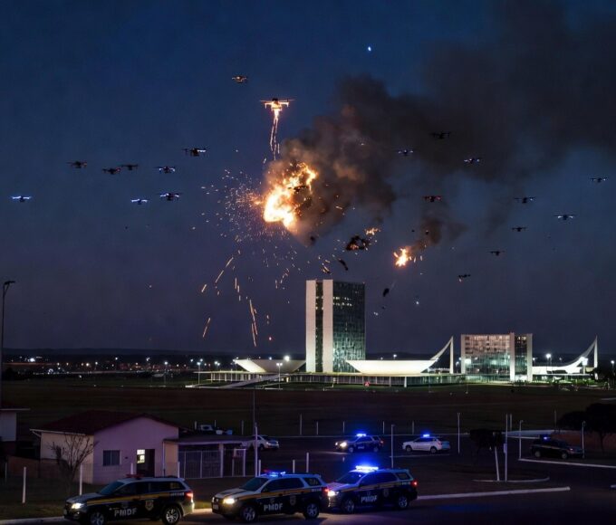 Drones derrubados sobre residência em Brasília com viaturas da PMDF ao fundo.