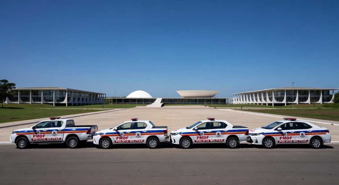 Imagem da Esplanada dos Ministérios em Brasília com viaturas da Polícia Militar do DF e Congresso Nacional ao fundo, representando gestão local de segurança.