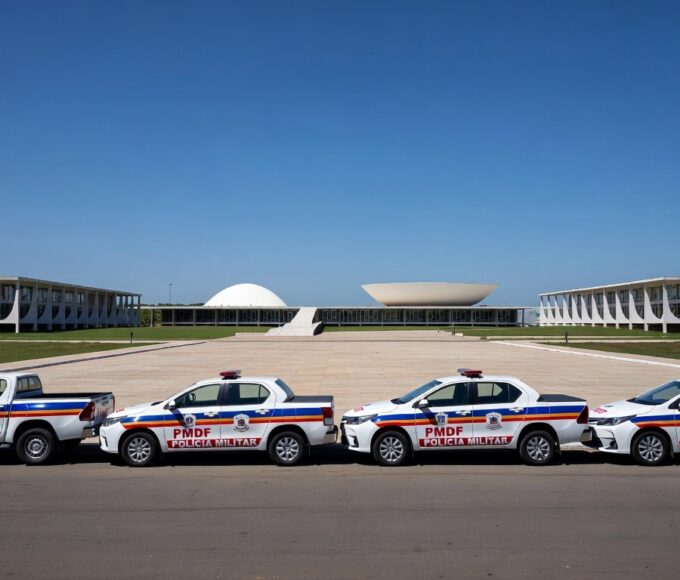 Imagem da Esplanada dos Ministérios em Brasília com viaturas da Polícia Militar do DF e Congresso Nacional ao fundo, representando gestão local de segurança.