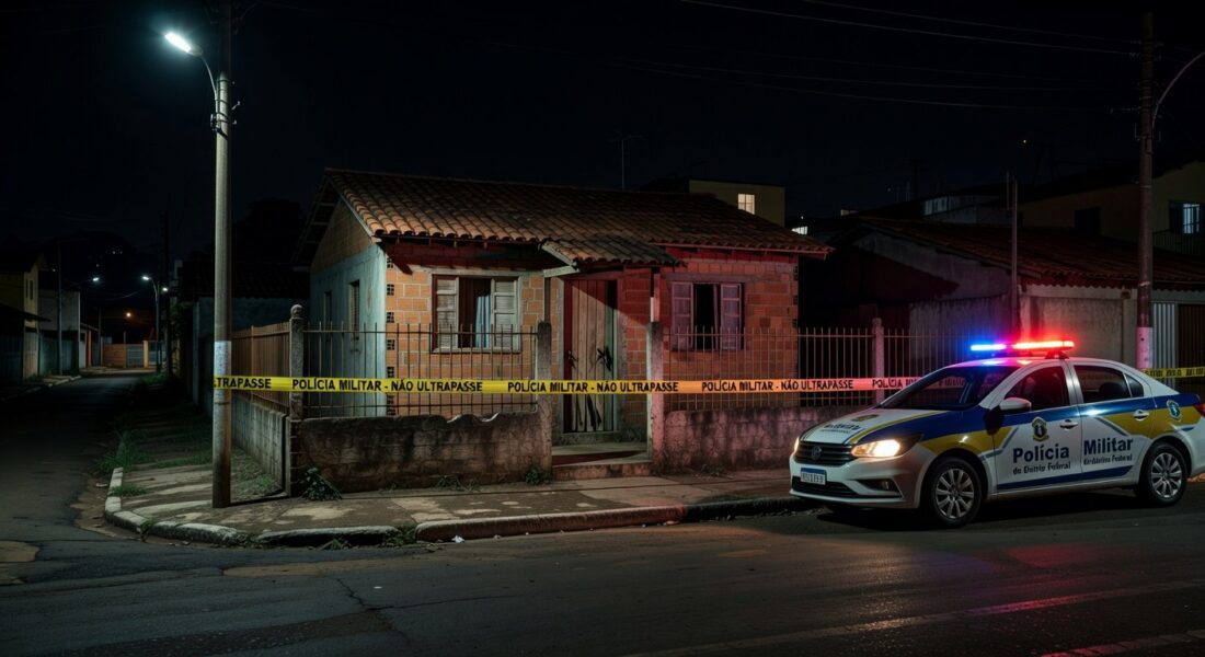 Cena de casa residencial em Samambaia Norte com fita de isolamento policial e viatura da PMDF, representando invasão e homicídio.