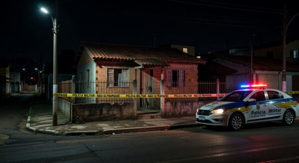Cena de casa residencial em Samambaia Norte com fita de isolamento policial e viatura da PMDF, representando invasão e homicídio.