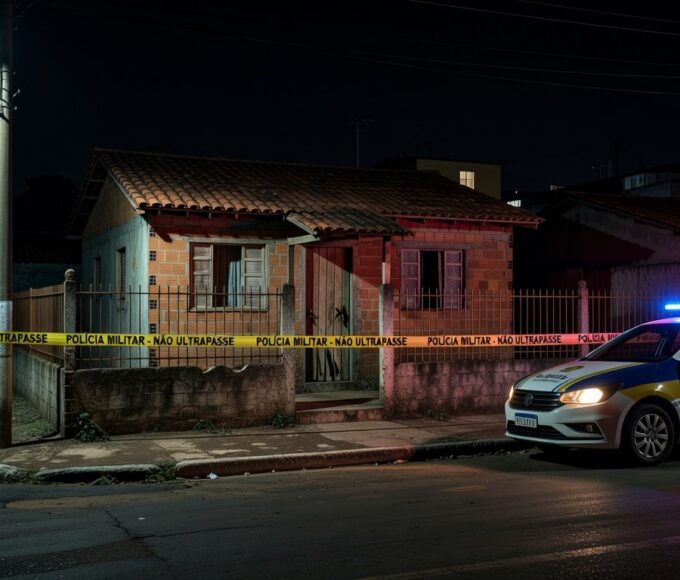 Cena de casa residencial em Samambaia Norte com fita de isolamento policial e viatura da PMDF, representando invasão e homicídio.
