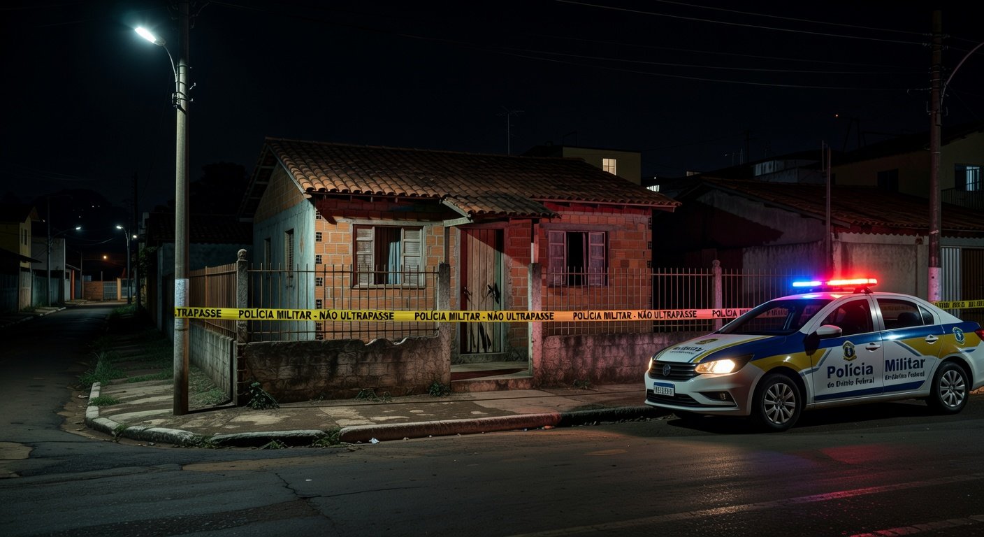 Cena de casa residencial em Samambaia Norte com fita de isolamento policial e viatura da PMDF, representando invasão e homicídio.