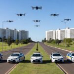 Viaturas policiais e drone em operação de combate a crimes na Asa Norte de Brasília.