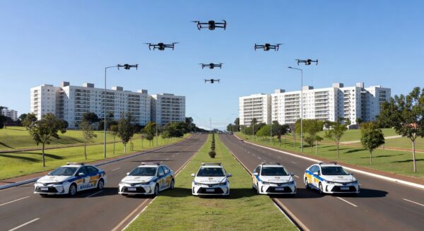 Viaturas policiais e drone em operação de combate a crimes na Asa Norte de Brasília.
