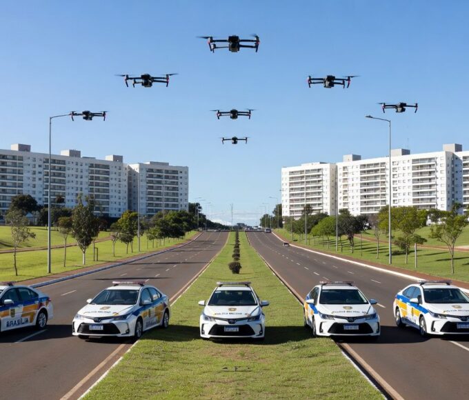 Viaturas policiais e drone em operação de combate a crimes na Asa Norte de Brasília.