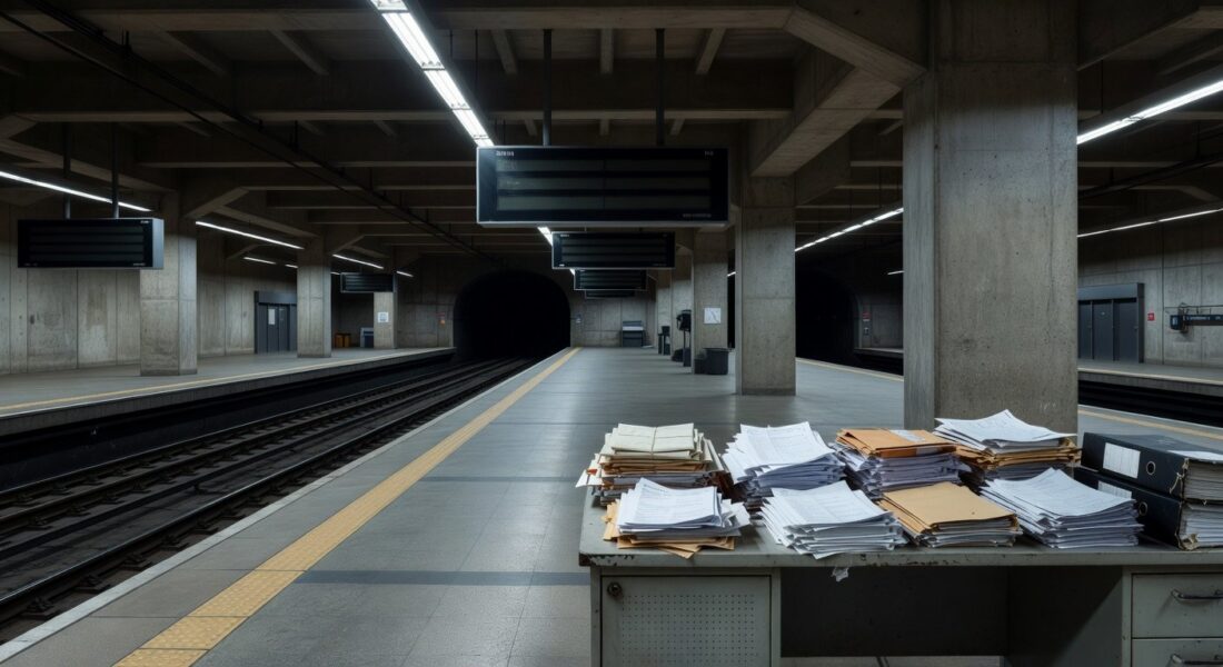 Estação de metrô em Brasília com pilhas de documentos burocráticos e trens parados, simbolizando ineficiência no METRÔ-DF.