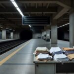 Estação de metrô em Brasília com pilhas de documentos burocráticos e trens parados, simbolizando ineficiência no METRÔ-DF.