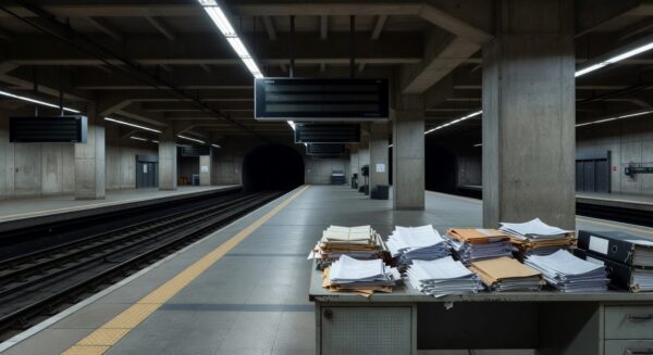 Estação de metrô em Brasília com pilhas de documentos burocráticos e trens parados, simbolizando ineficiência no METRÔ-DF.