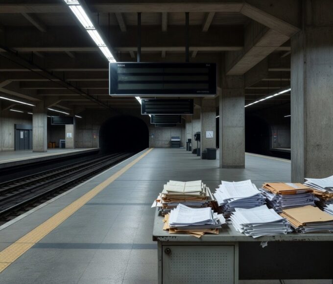Estação de metrô em Brasília com pilhas de documentos burocráticos e trens parados, simbolizando ineficiência no METRÔ-DF.