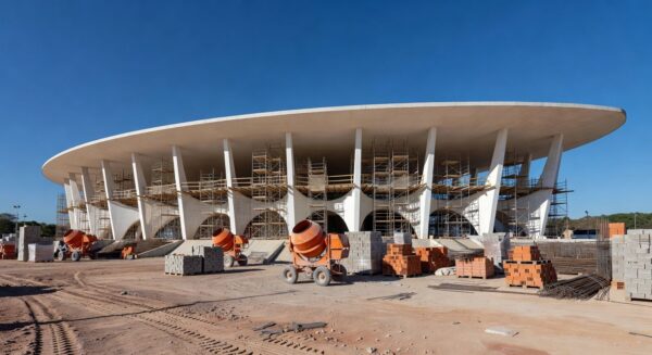 Centro olímpico em Brasília durante reformas de R$ 550 mil, com andaimes e equipamentos de construção.