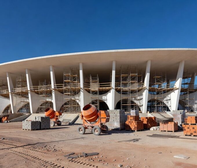 Centro olímpico em Brasília durante reformas de R$ 550 mil, com andaimes e equipamentos de construção.