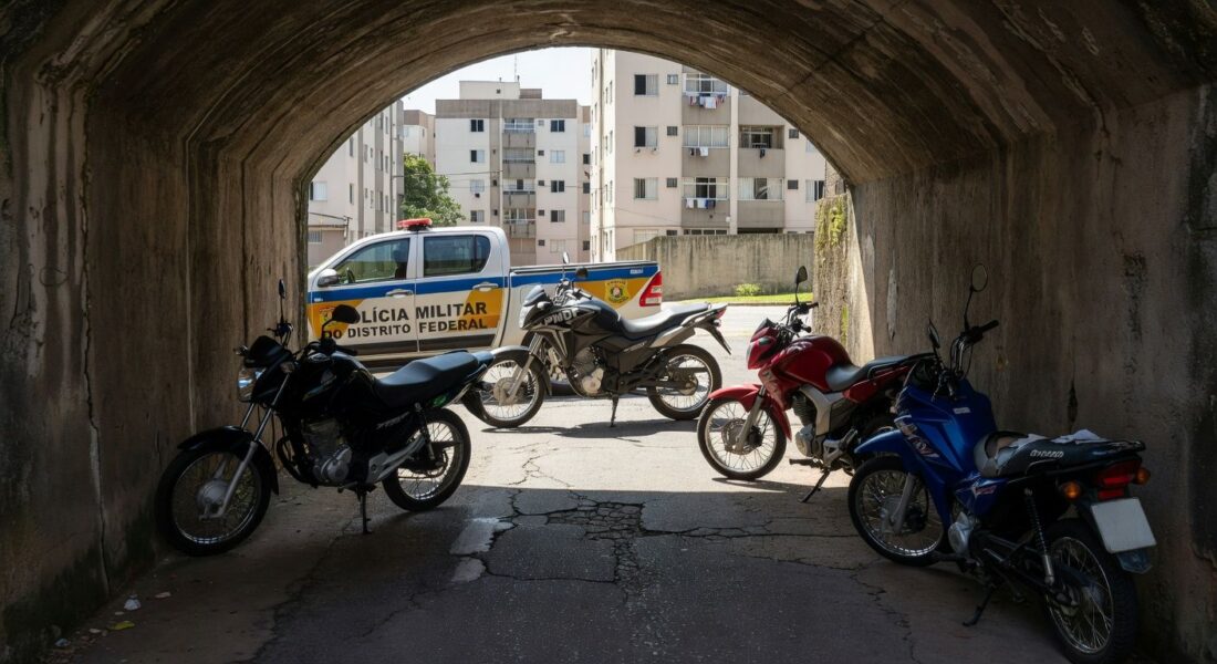 Quatro motos apreendidas pela Polícia Militar em túnel de pedestres em Samambaia Sul, Distrito Federal.