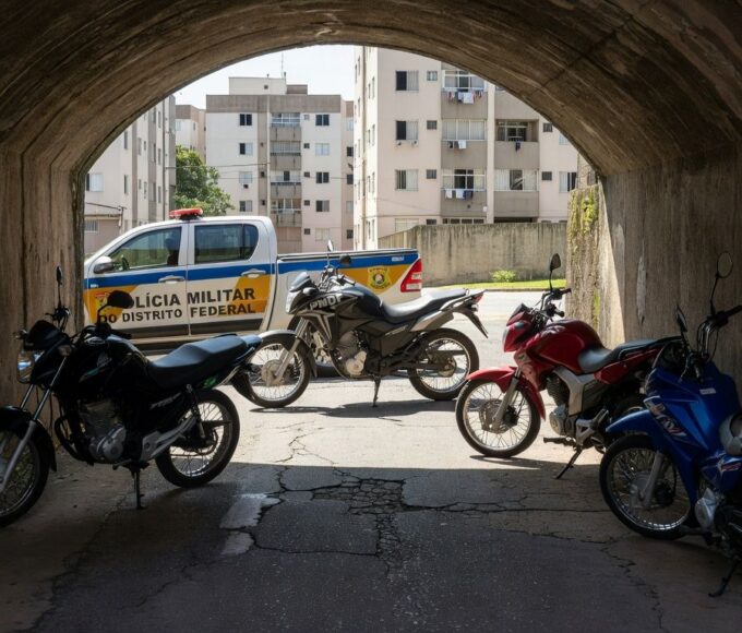 Quatro motos apreendidas pela Polícia Militar em túnel de pedestres em Samambaia Sul, Distrito Federal.