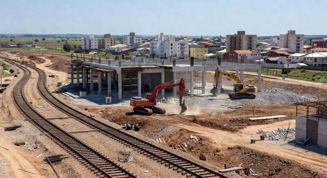 Obras de expansão da Linha 1 do Metrô-DF em Samambaia, com trilhos e máquinas de construção em ambiente urbano brasileiro.