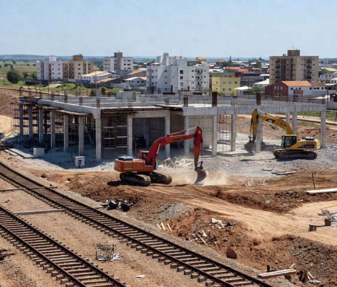 Obras de expansão da Linha 1 do Metrô-DF em Samambaia, com trilhos e máquinas de construção em ambiente urbano brasileiro.