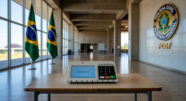 Urna de votação para diretoria do Sinpol-DF, com insígnias da Polícia Civil no Distrito Federal.