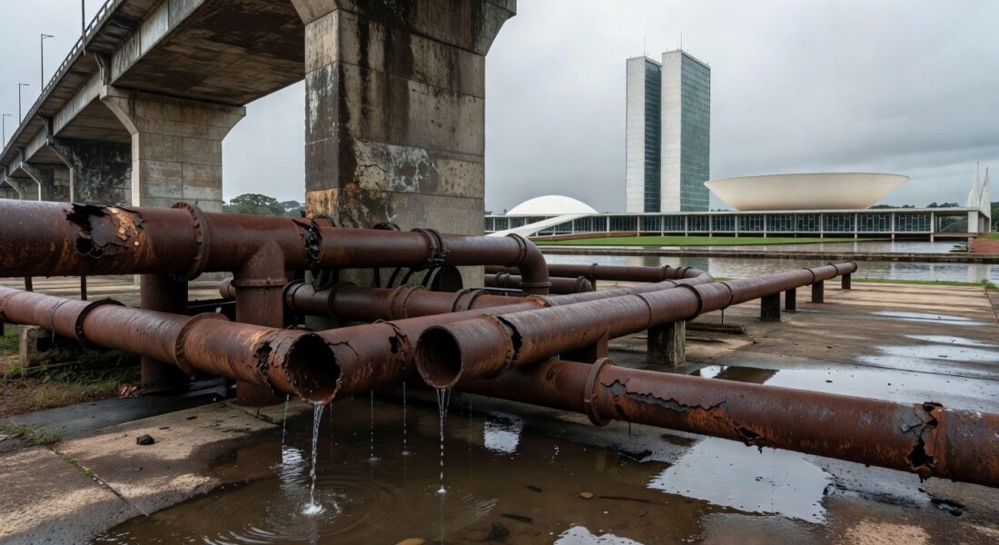 Torneira seca em residência de Brasília, representando falhas no abastecimento de água pela Caesb em seu 57º aniversário.